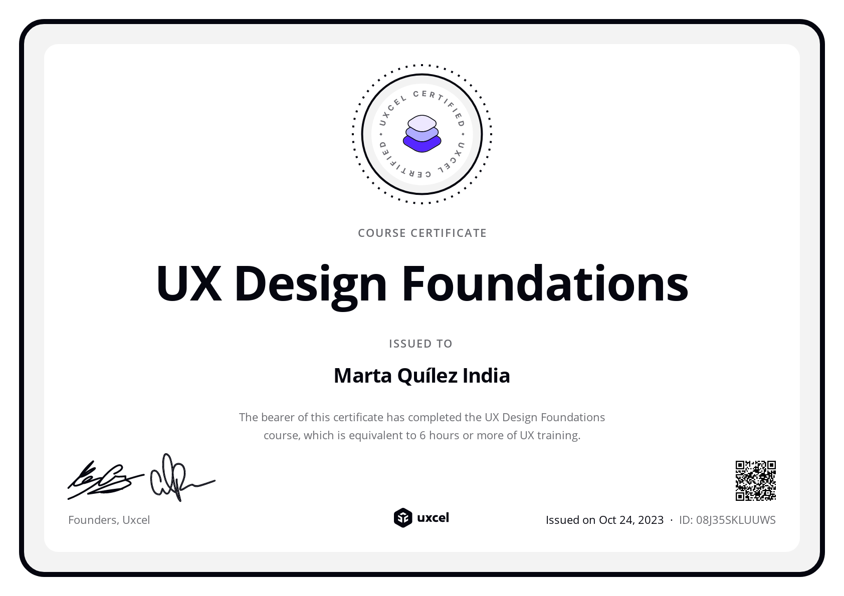 Marta Quílez India's certificate